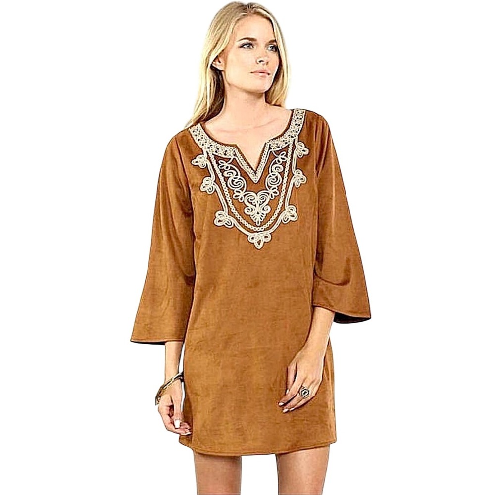 Flying Tomato‎ Brown Suede Embroidered Tunic Dress Size M